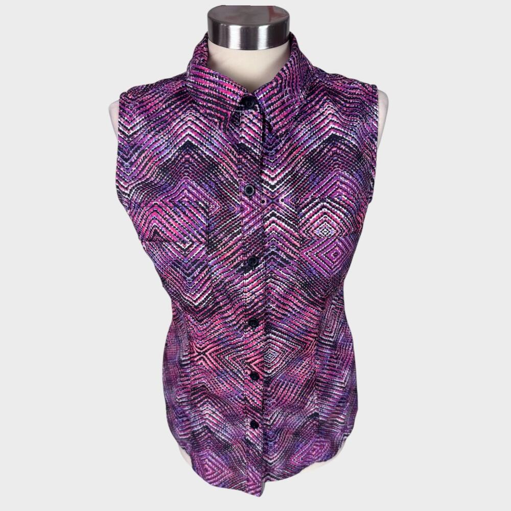 Reel Legends Performance Mariner Button Front Sleeveless Purple Geometric Print